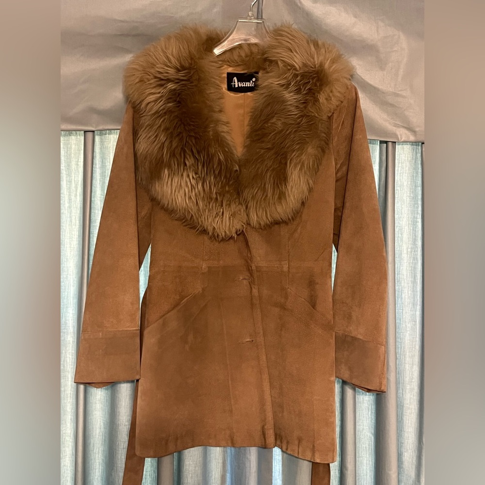 Avanti Chestnut Suede Trench Coat with Faux Fur Collar